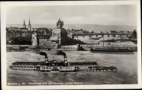 Ak Koblenz am Rhein, Deutsches Eck, Kaiser Wilhelm Denkmal, Passagierschiff