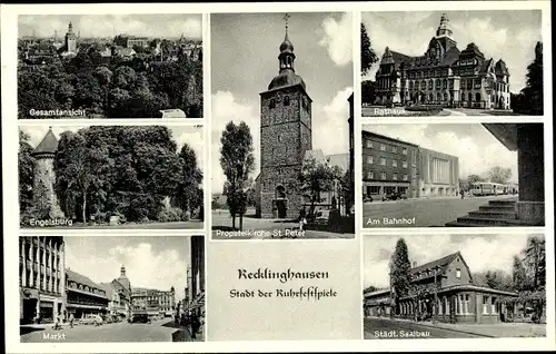 Ak Recklinghausen im Ruhrgebiet, Gesamtansicht, Rathaus, Bahnhof, Saalbau, Engelsburg, St. Peter