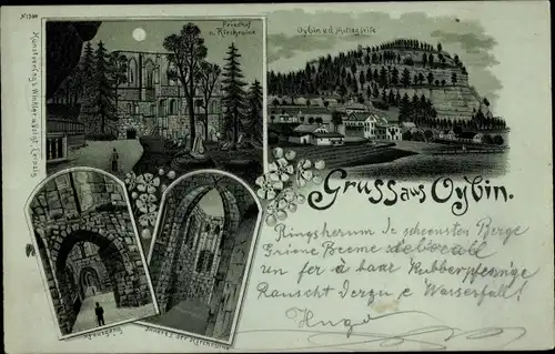 Mondschein Litho Oybin in Sachsen, Friedhof, Kirchruine, Kreuzgang, Gesamtansicht