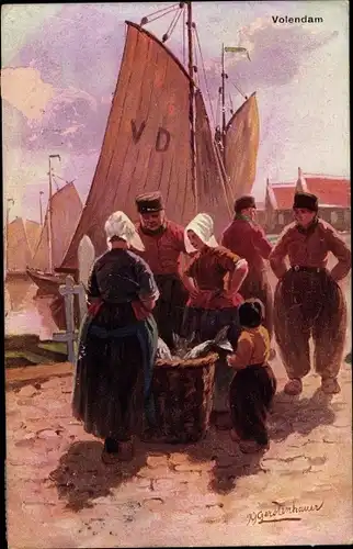 Künstler Ak Gerstenhauer, Johann Georg, Edam Volendam, The fish market, Fischmarkt, Niederländer