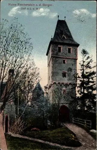 Ak Nieder Beerbach Mühltal im Odenwald, Burg Frankenstein, Torturm