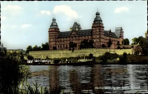 Ak Aschaffenburg in Unterfranken, Schloss Johannisburg, Main, Frachtschiff