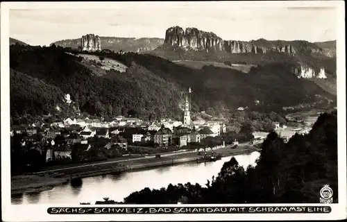 Ak Bad Schandau Sächsische Schweiz, Gesamtansicht mit Schrammsteine