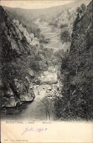 Ak Thale im Harz, Bodetal, Schürre, Talblick, Bachlauf