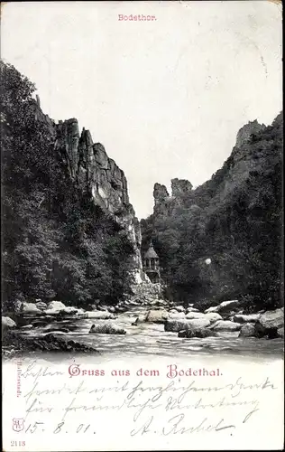 Ak Thale im Harz, Bodetal, Bodethor, Flusslauf