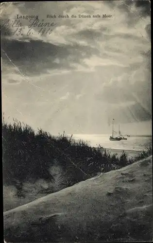 Ak Nordseebad Langeoog Ostfriesland, Blick durch die Dünen aufs Meer, Segelboote