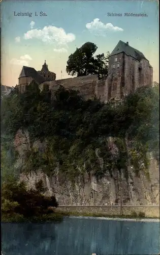 Ak Leisnig an der Freiburger Mulde, Blick auf Schloss Mildenstein, Felsen