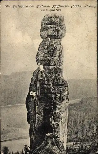 Ak Königstein an der Elbe Sächsische Schweiz, Besteigung der Barbarine am Pfaffenstein, Kletterer