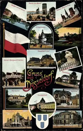 Wappen Ak Düsseldorf am Rhein, Hofgartenstraße, Rheinpartie, Malkasten, Kunstpalast, Stadttheater