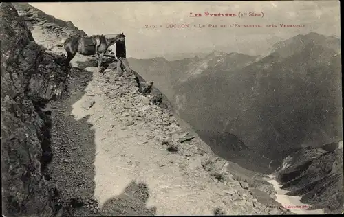 Ak Luchon Haute Garonne, le Pas de l'Escalette pres Venasque, Pferd, Mann