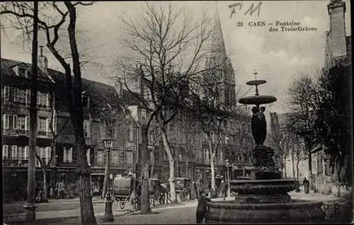 Ak Caen Calvados, Fontaine des trois Graces, Straßenpartie