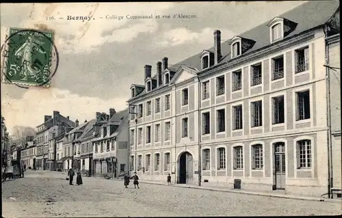 Ak Bernay Eure, College Communal et Rue d'Alencon