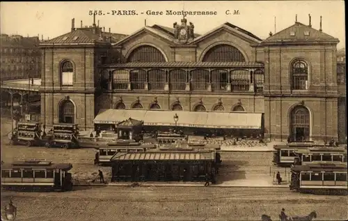 Ak Paris XIV Observatoire, Gare Montparnasse, Tramways, Omnibus