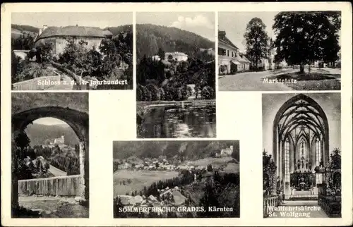 Ak Grades in Kärnten, Schloss, Marktplatz, Wallfahrtskirche St. Wolfgang, Flusspartie