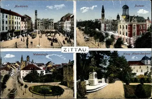 Ak Zittau in der Oberlausitz, König Albert Denkmal, Postamt, Marktplatz, Weberstraße, Zieher Z 5812