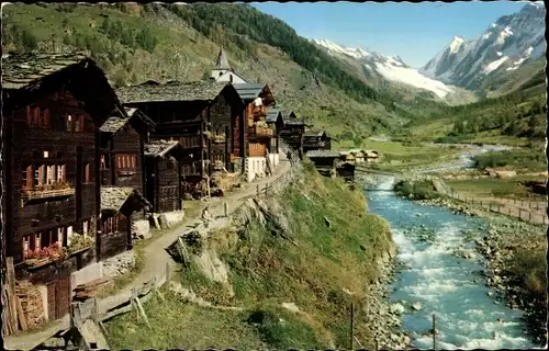 Ak Blatten im Lötschental Kt. Wallis, Wohnhäuser, Fluss, Berge