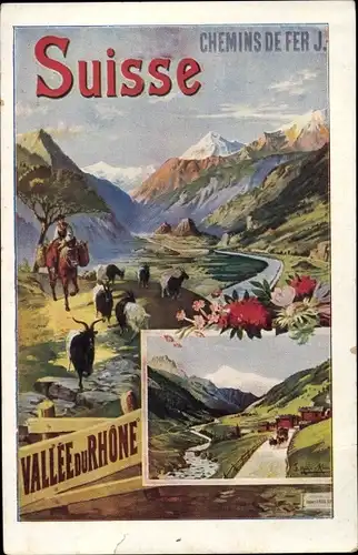 Künstler Ak Schweiz, Suisse, Chemins de Fer, Vallee du Rhone, Tal, Hirte, Ziege