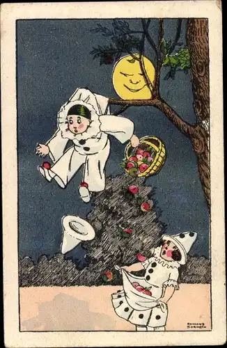 Künstler Ak Pierrot hängt an einem Ast fest, Pierrette, Mondschein