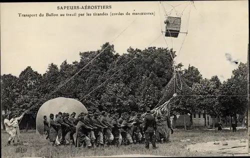 Ak Sapeurs Aérostiers, Transport du Ballon au treuil par les tirandes, Fesselballon, Militärballon