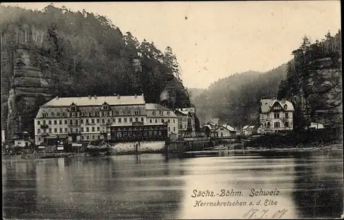Ak Hřensko Herrnskretschen Elbe Region Aussig, Blick auf den Ort, Fluss