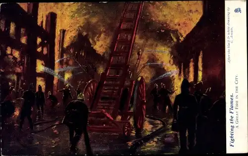 Künstler Ak Fighting the Flames, a great fire in the city, Feuerwehr, brennendes Haus