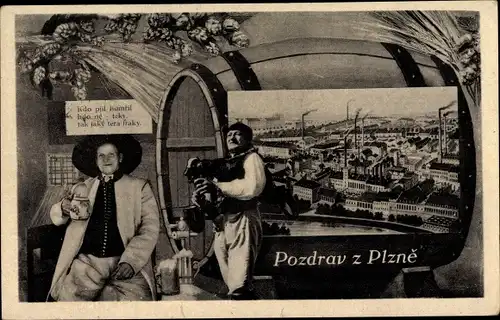 Passepartout Ak Plzeň Pilsen Stadt, Blick auf den Ort, Bierfass, Hopfen