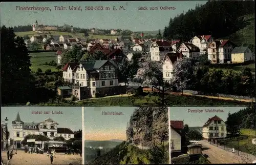 Ak Finsterbergen Friedrichroda Thüringer Wald, Hotel zur Linde, Pension Waldheim, Hainfelsen