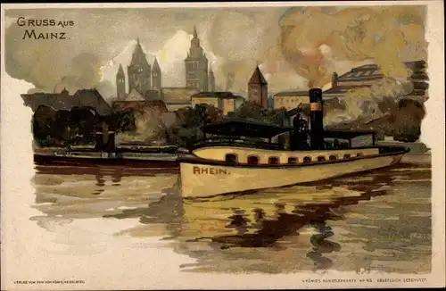 Künstler Litho Graf, G., Mainz am Rhein, Dampfer Rhein, Stadtansicht
