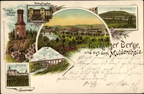 Litho Rochlitz an der Mulde, Rochlitzer Berg, Friedrich August Turm, Göhrener Brücke, Rochsburg