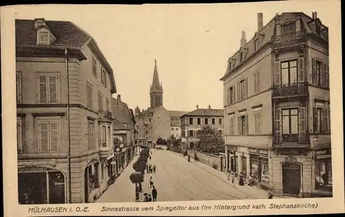 Ak Mulhouse Mülhausen Elsass Haut Rhin, Sinnestraße vom Spiegeltor aus, Stephanskirche