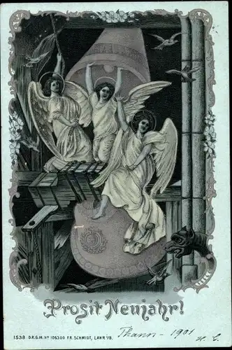 Litho Glückwunsch Neujahr, Engel mit Glocke, Wasserspeier