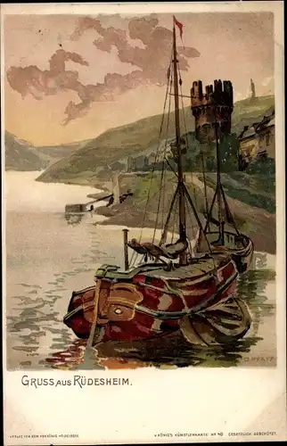 Künstler Litho Pfaff, C., Rüdesheim am Rhein in Hessen, Segelboote, Turm