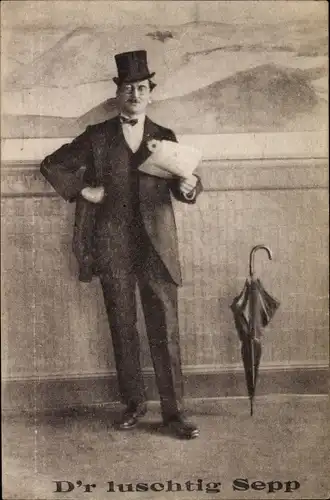 Ak D'r luschtig Sepp, Mann mit Zylinder, Regenschirm