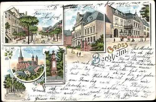 Litho Bergheim an der Erft, Hotel Weidenbach, Ständehaus, Hauptstraße, katholische Kirche, Kreuz