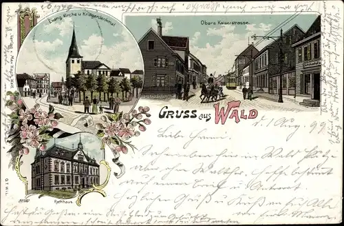 Litho Wald im Rheinland Solingen, Evangelische Kirche, Kriegerdenkmal, obere Kaiserstraße, Rathaus