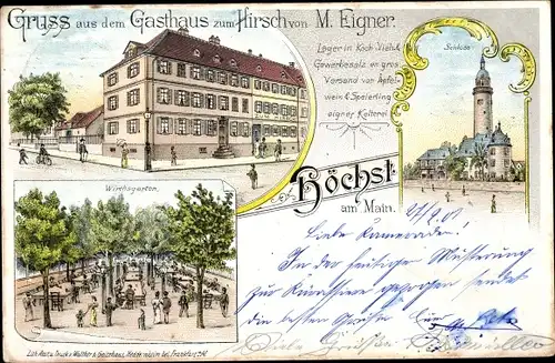 Litho Höchst Frankfurt am Main, Gasthaus zum Hirsch, Schloss, Gartenpartie