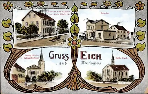 Ak Eich in Rheinhessen, Bahnhof, Gleisseite, Gasthaus zum Bahnhof, Kirche, Kriegerdenkmal