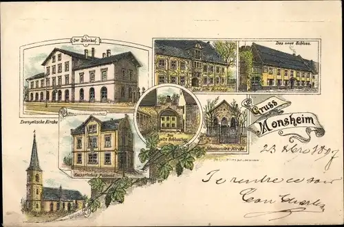 Litho Monsheim in Rheinhessen, Schloss, Bahnhof, Postamt, Mennoniten Kirche, Schlosstor