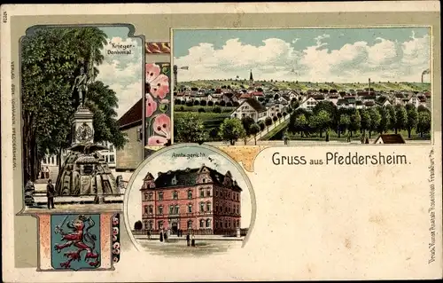 Litho Pfeddersheim Worms in Rheinland Pfalz, Kriegerdenkmal, Amtsgericht, Totalansicht, Wappen