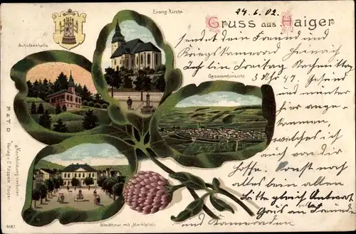 Kleeblatt Litho Haiger in Hessen, Evangelische Kirche, Stadthaus; Schützenhalle, Totalansicht