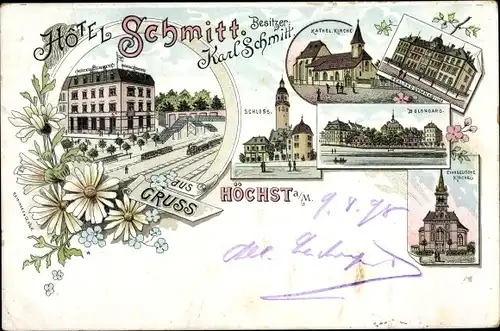 Litho Höchst Frankfurt am Main, Hotel Schmitt, Schloss, Kirche, Bolongaro, Realprogymnasium