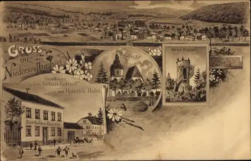 Litho Niederseelbach Niedernhausen Rheingau Taunus Kreis, Hohe Kanzel, Kirche, Gasthaus