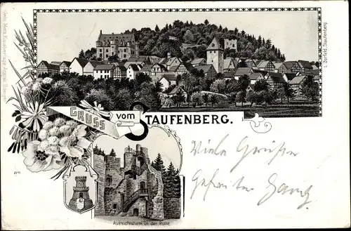 Litho Staufenberg Hessen, Totalansicht vom Ort, Aussichtsturm in der Ruine