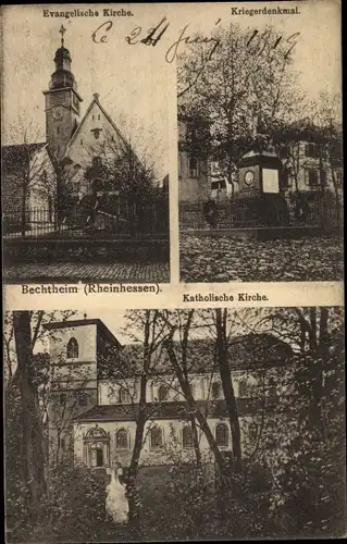 Ak Bechtheim in Rheinhessen, Evang. Kirche, Kriegerdenkmal, Kath. Kirche