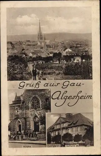 Ak Gau Algesheim am Rhein, Kirche, Schule, Totalansicht