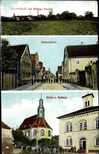 Ak Crumstadt Riedstadt Hessen, Philipps Hospital, Kaiserstraße, Kirche, Rathaus