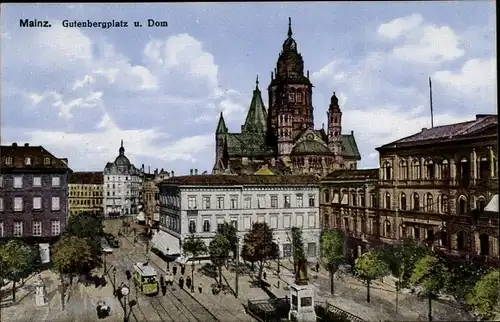 Ak Mainz am Rhein, Gutenbergplatz, Dom, Straßenbahn