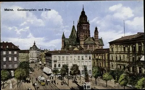 Ak Mainz am Rhein, Gutenbergplatz, Dom, Straßenbahn