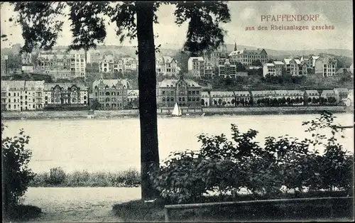 Ak Pfaffendorf Koblenz am Rhein, Blick aus den Rheinanlagen auf den Ort