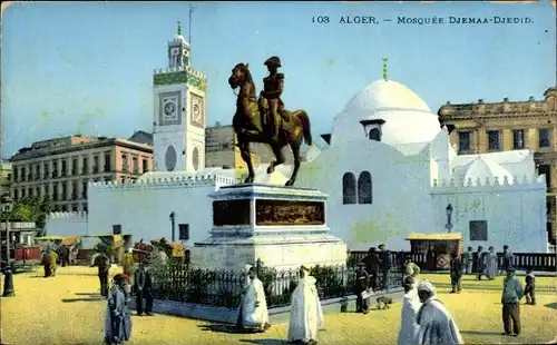 Ak Algier Alger Algerien, Mosquee Djemaa Djedid, Reiterstandbild, Araber